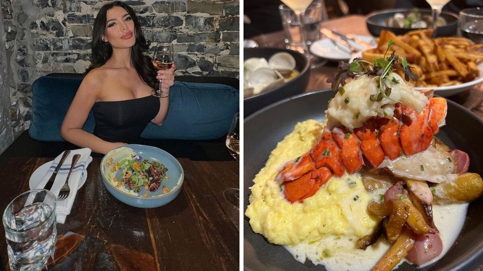 \u200bJeune femme savourant un repas au restaurant Pincette. Droite : Un plat de homard.