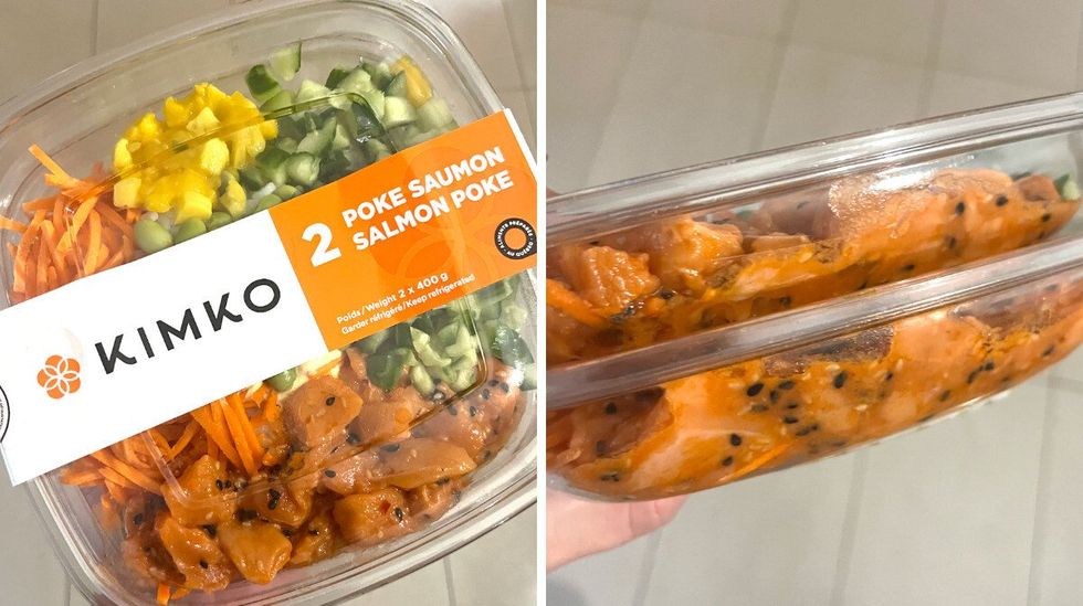 \u200bL'emballage de deux poke bowls au saumon du Costco. Droite : L'emballage vu de c\u00f4t\u00e9 pour montrer l'\u00e9paisseur.