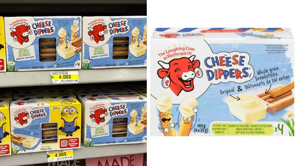 \u200bLes Cheese dippers de la Vache qui rit au Dollarama. Droite : \u200bLes Cheese dippers de la Vache qui rit au Walmart.