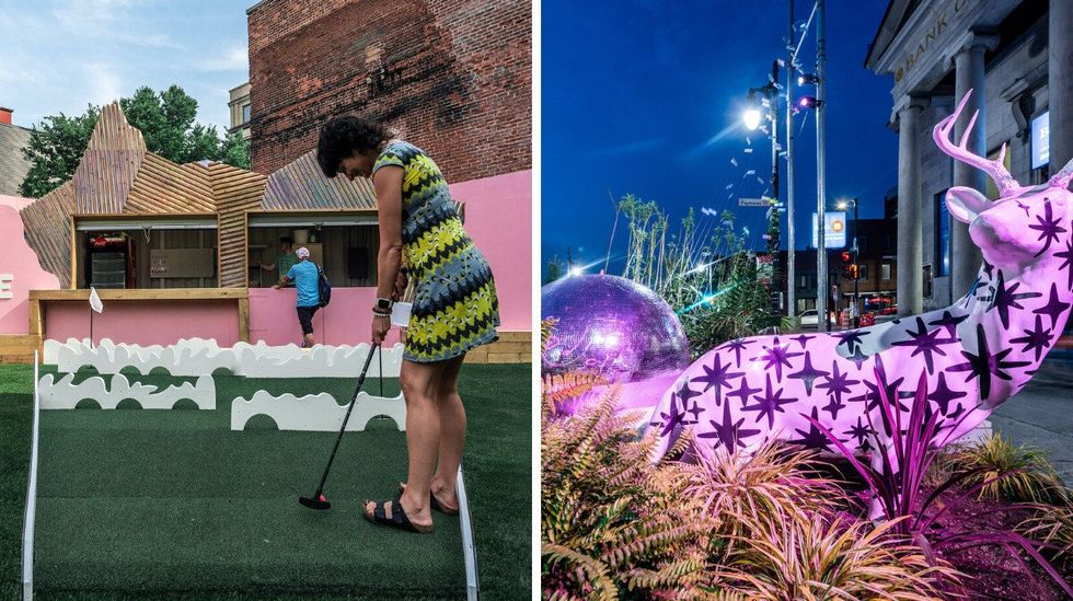 \u200bMinigolf dans Le Village \u00e0 Montr\u00e9al. Droite : Le chevreuil \u00e9toil\u00e9 dans Le Village.