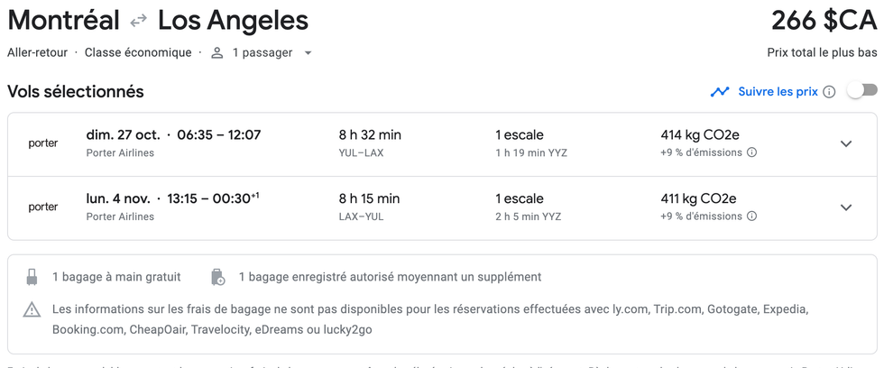 \u200bOffre de vols sur Google flights.