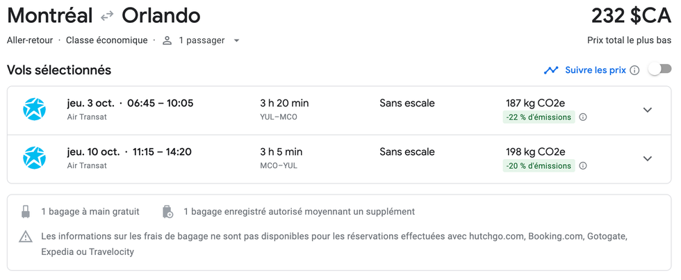 \u200bOffre de vols sur Google flights.