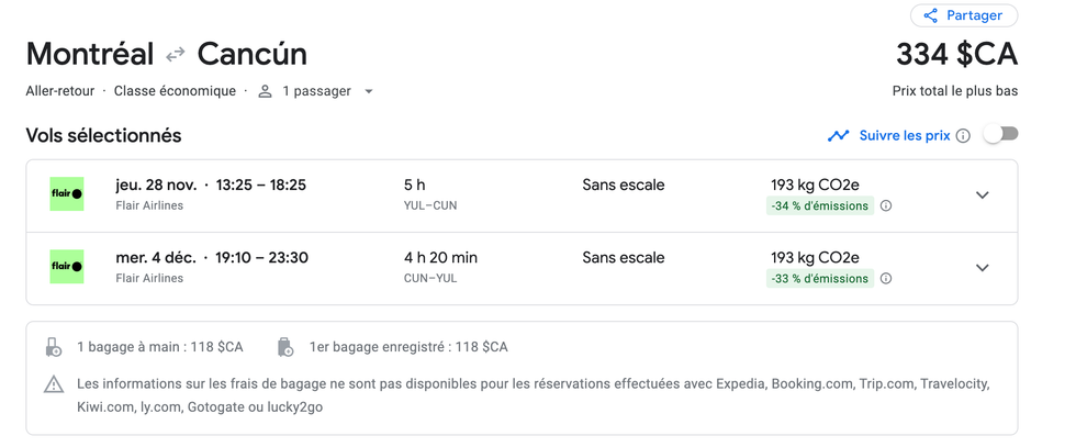 \u200bOffre de vols sur Google Flights.