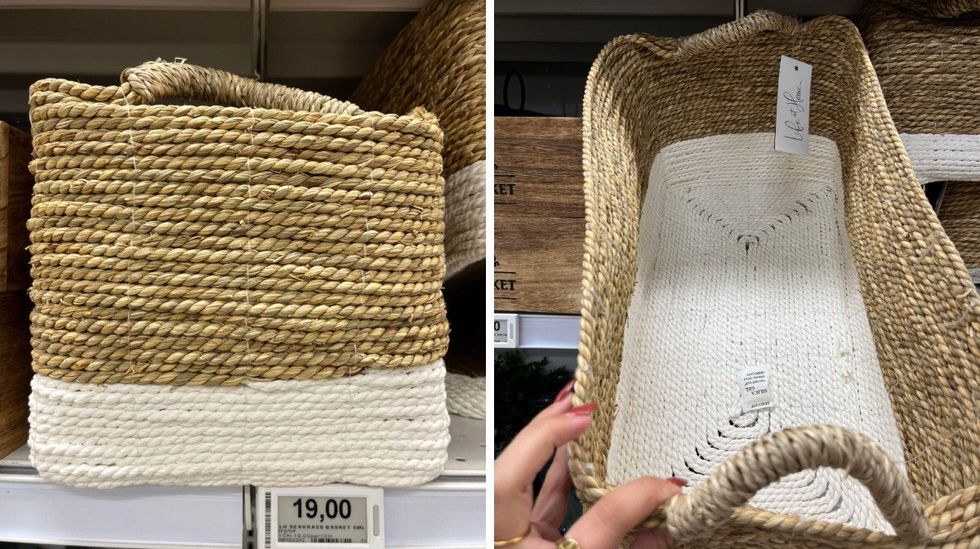 \u200bPanier tress\u00e9 beige et blanc de chez Maxi & Cie.