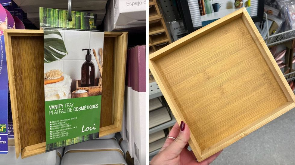 \u200bPlateau de cosm\u00e9tiques au Dollarama. Droite: \u200bPlateau de cosm\u00e9tiques du Dollarama dans une main.