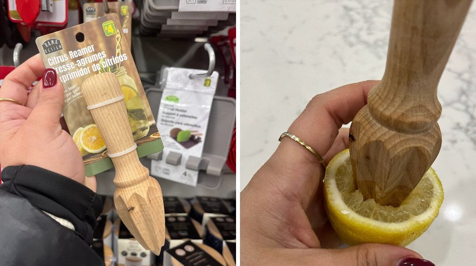 \u200bPresse-agrumes en bois dans une main devant l'\u00e9talage du Dollarama. Droite : Presse-agrumes en bois dans un citron.
