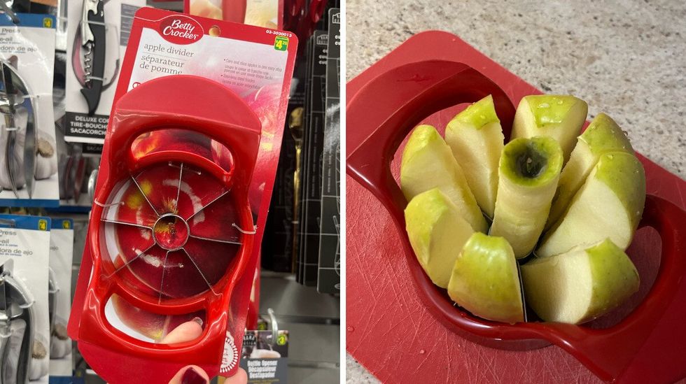 \u200bS\u00e9parateur de pomme dans une main au Dollarama. Droite : Une pomme verte tranch\u00e9e avec le s\u00e9parateur du Dollarama.