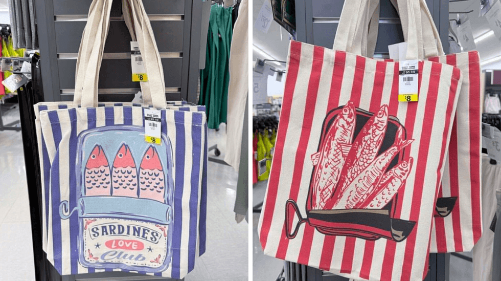 \u200bSacs fourre-tout \u00e0 motifs de sardines en vente au Tigre G\u00e9ant pour 8 $.