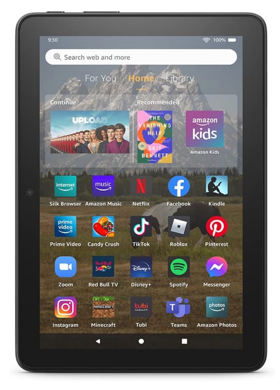 \u200bTablette Amazon Fire HD 8, allum\u00e9e sur l'\u00e9cran d'accueil.