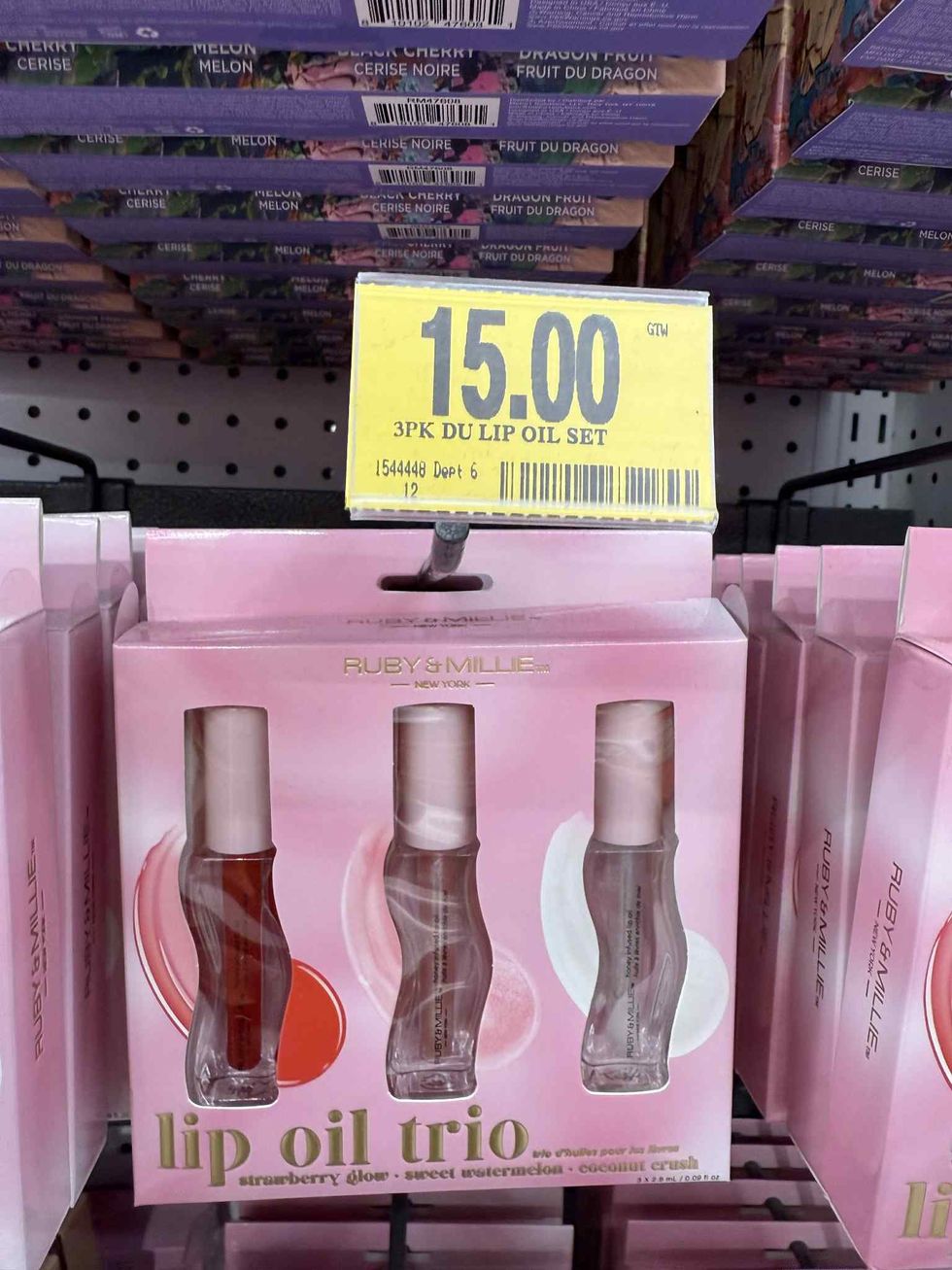 \u200bTrio d'huiles pour les l\u00e8vres de la marque Ruby & Millie \u00e0 saveur de fraise, melon d'eau et noix de coco,