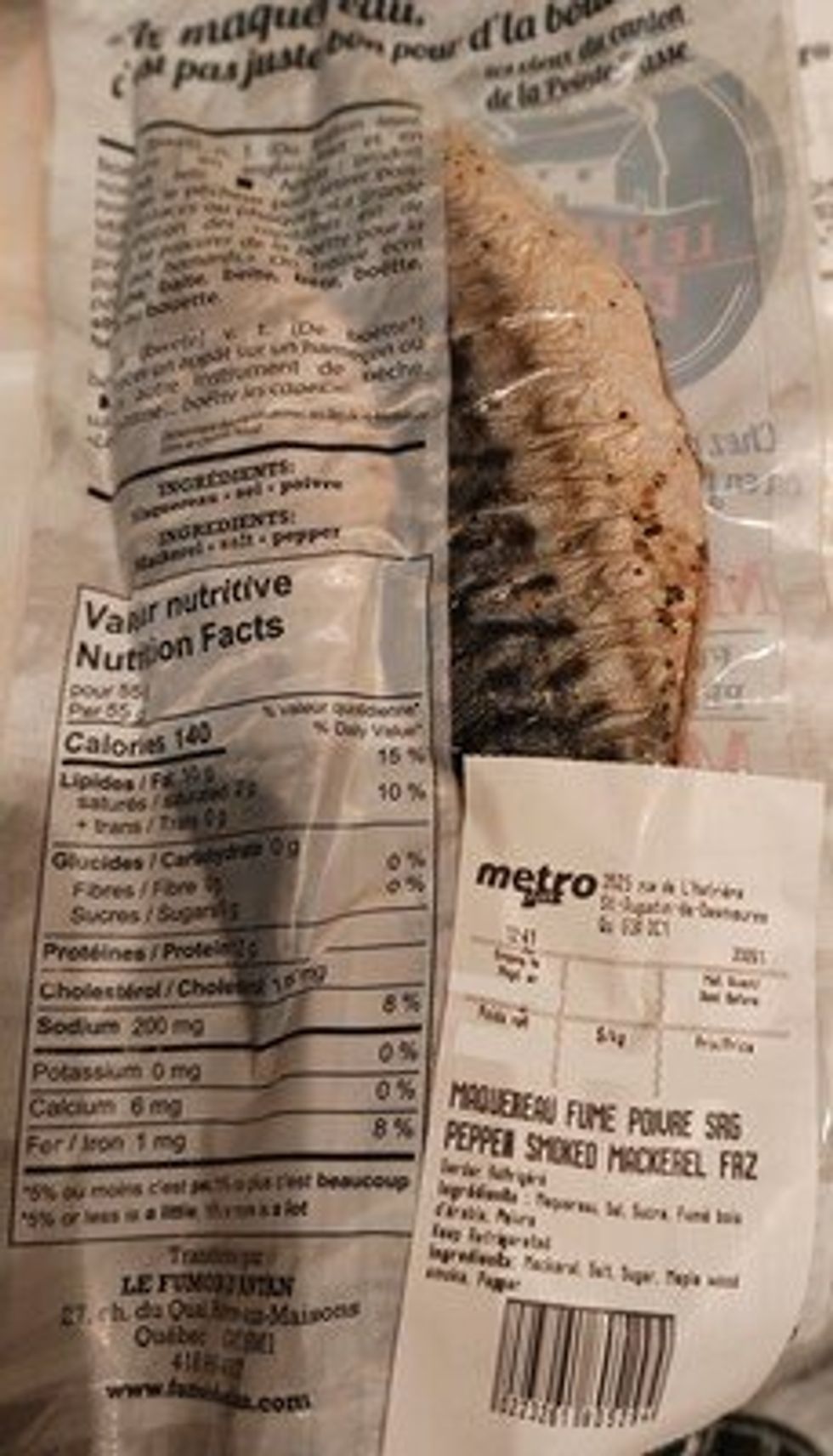 \u200bUn emballage de maquereau fum\u00e9 portant la mention \u00ab Le Fumoir d\u2019Antan \u00bb.