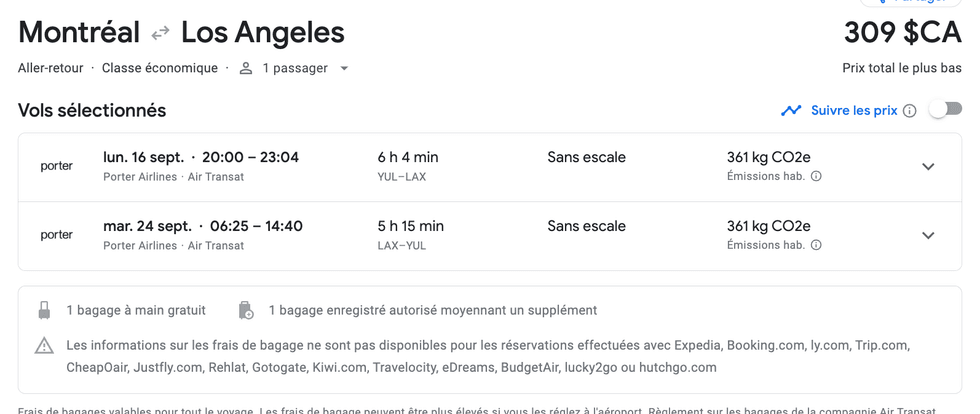 \u200bVols entre Montr\u00e9al et Los Angeles en septembre.