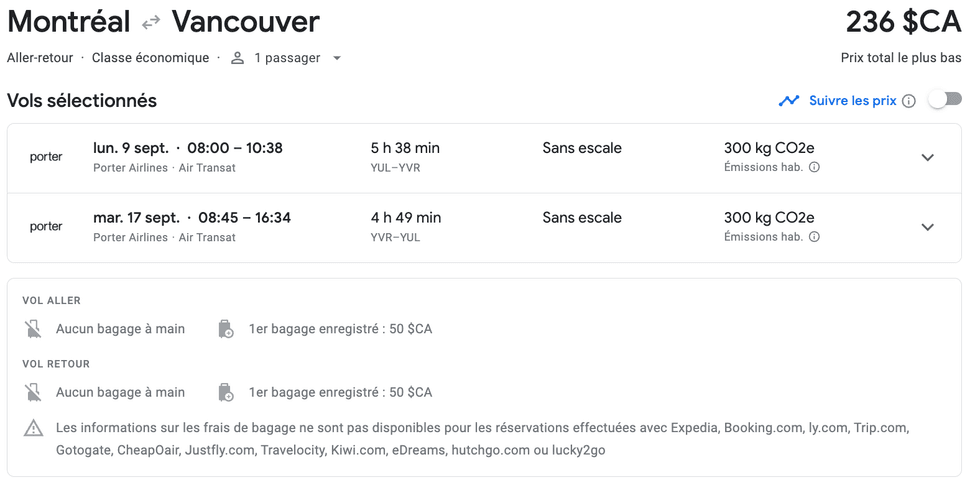 \u200bVols entre Montr\u00e9al et Vancouver en septembre.