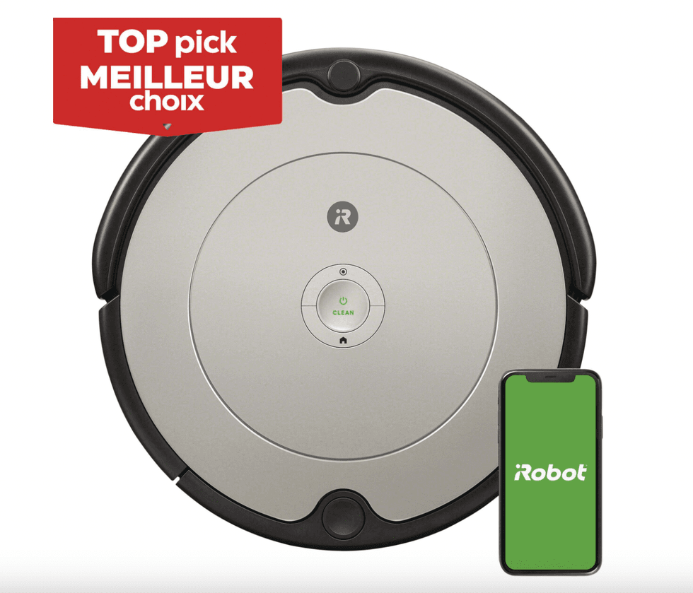 Un aspirateur-robot avec un cellulaire o\u00f9 il est \u00e9crit iRobot sur un fond vert et l'inscription \u00ab Top pick meilleur choix \u00bb