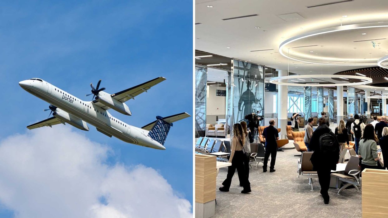 Un avion de Porter. Droite : la salle d'attente de l'aéroport métropolitain de Montréal.