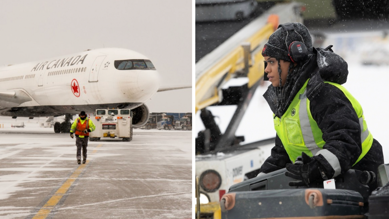 Un avion. Droite : Une employée d'Air Canada.