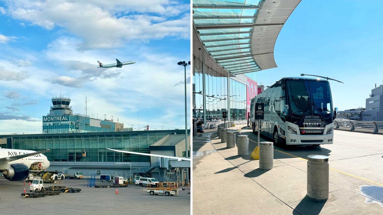 Un avion qui décolle de YUL. Droite : la navette d'Air Canada à YUL.