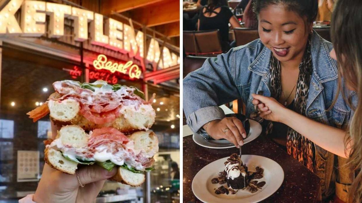 Un bagel au saumon fumé bien garni. Droite : Une femme qui déguste un dessert.