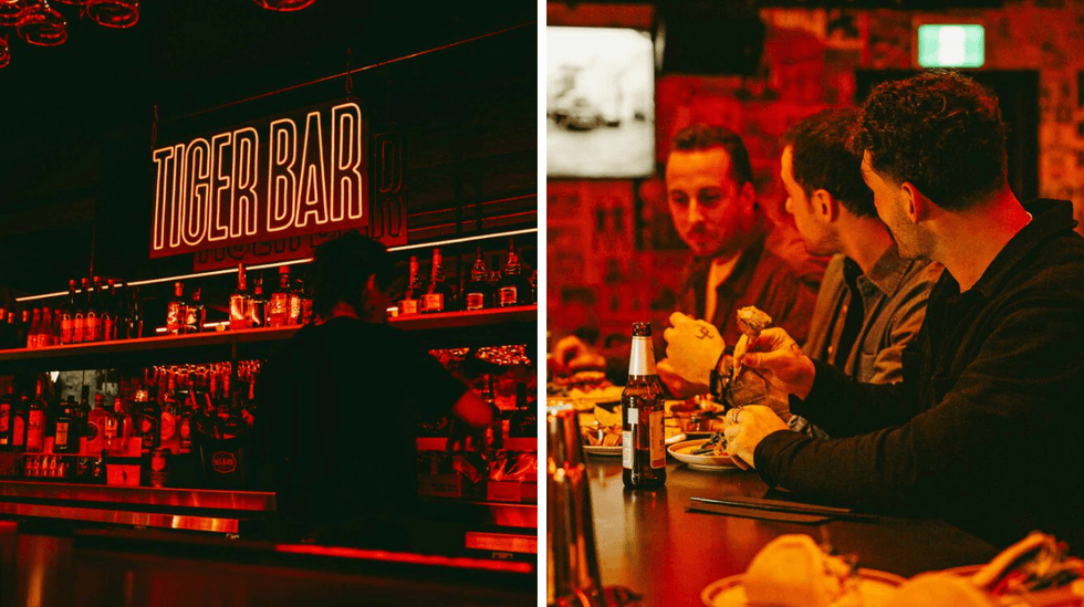 Un barman pr\u00e9parant un cocktail au nouveau Tiger Bar \u00e0 Qu\u00e9bec. Droite : Des gens qui mangent au bar du Tiger Bar \u00e0 Qu\u00e9bec.