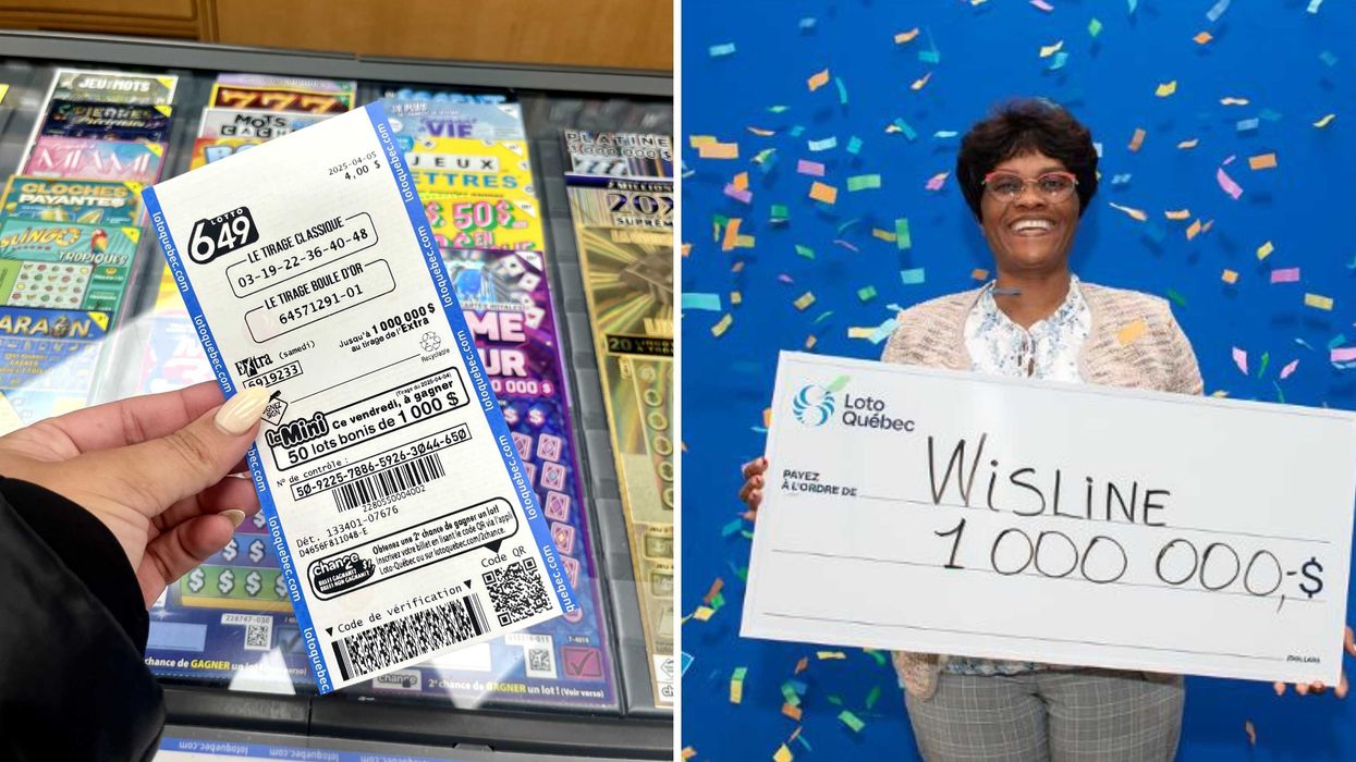 Un billet de loterie. Droite : une gagnante de Loto-Québec.