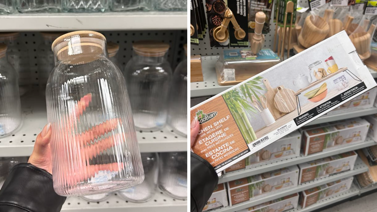 Un bocal du Dollarama. Droite : Une étagère de cuisine du Dollarama.