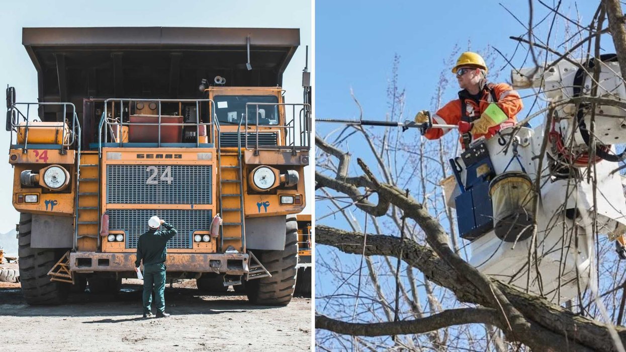 Un camion de mine. Droite : un employé d'Hydro-Québec.