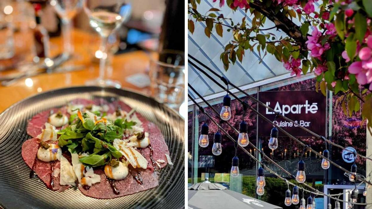 Un carpaccio de boeuf au restaurant Lana's Bistro & Bar à Vin à Terrebonne. Droite : Devanture du restaurant L'Aparté à Terrebonne.