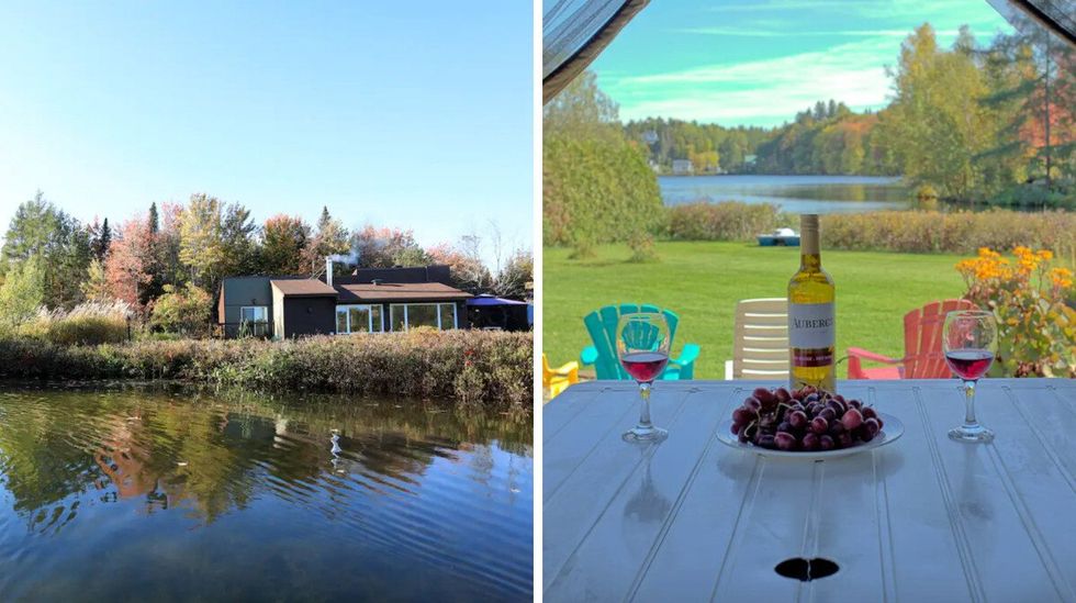 Un chalet au bord d'un lac. Droite : Une table avec une bouteille de vin, deux verres remplis et des cerise devant la vue d'un lac.