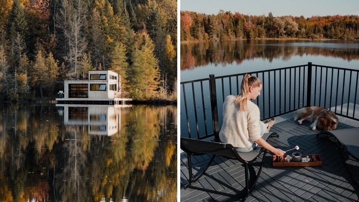 Un chalet flottant de Bora Boréal en Estrie. Droite : Une personne devant la vue d'un chalet flottant de Bora Boréal en Estrie.