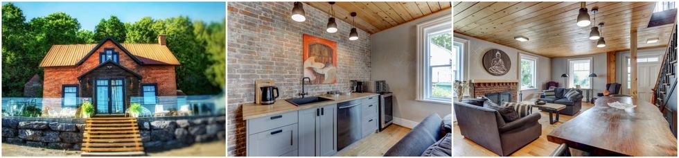 Un chalet \u00e0 louer pr\u00e8s de Montr\u00e9al. Centre : La cuisine. Droite : Le salon et la salle \u00e0 manger.