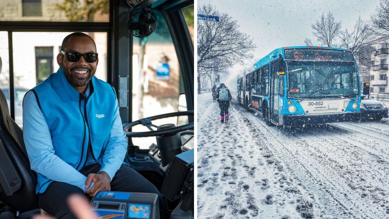 Un chauffeur d'autobus de la STM. Droite : Un autobus à Montréal.