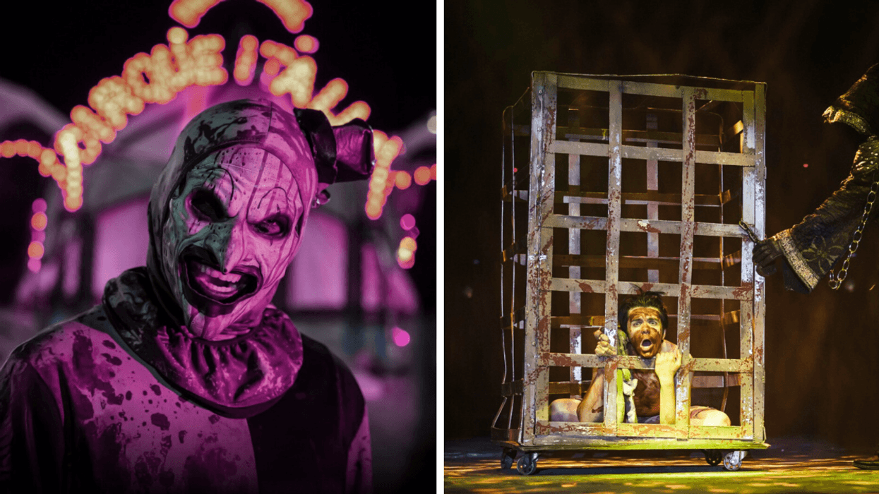 Un clown épeurant. Droite : Une personne dans une cage.