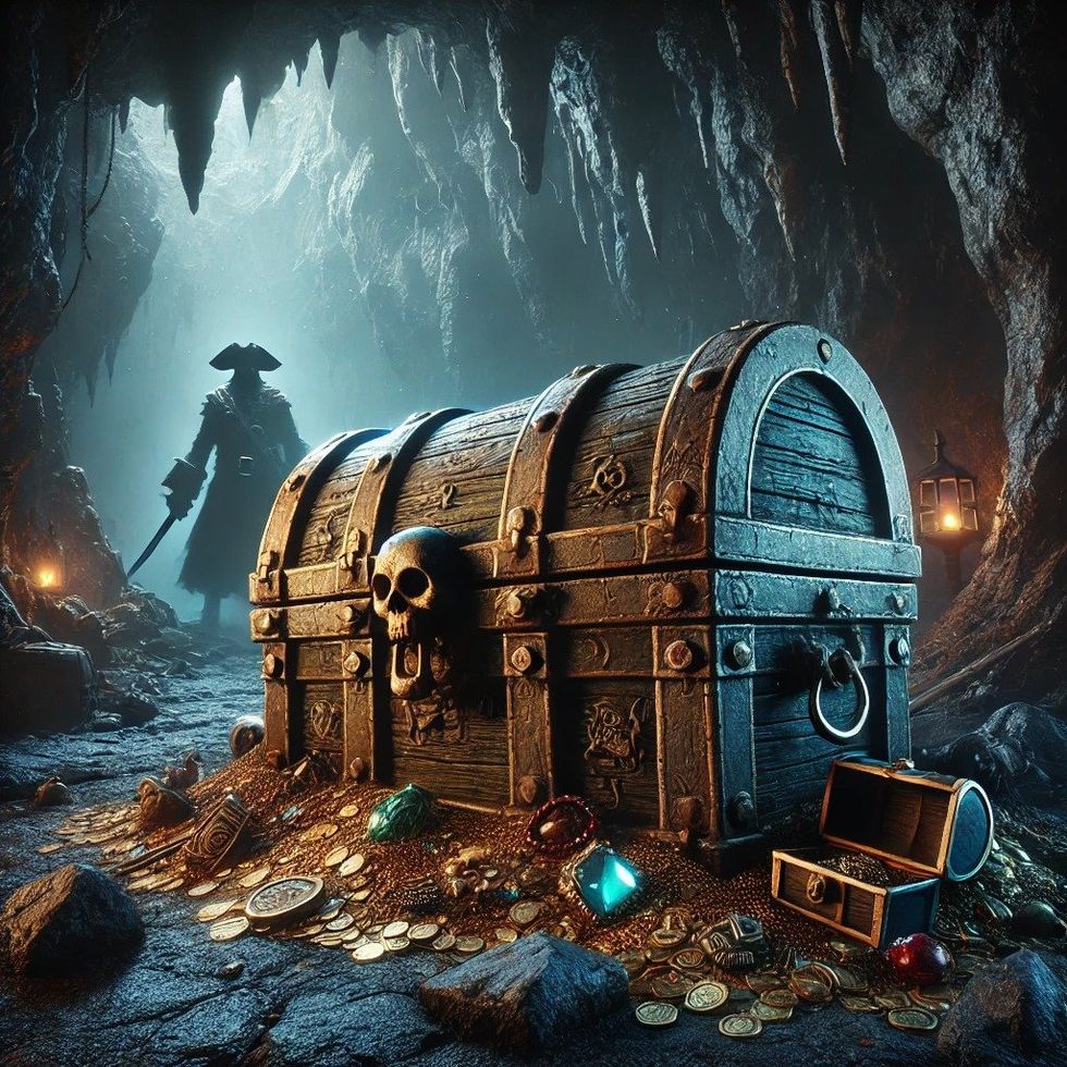 Un coffre \u00e0 tr\u00e9sor dans une caverne avec un pirate.