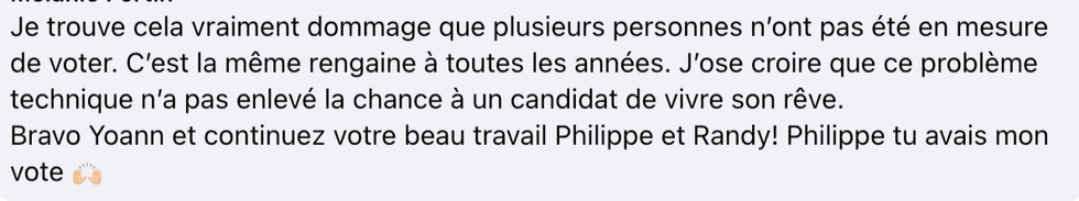 Un commentaire sur la page Facebook de Star Acad\u00e9mie.