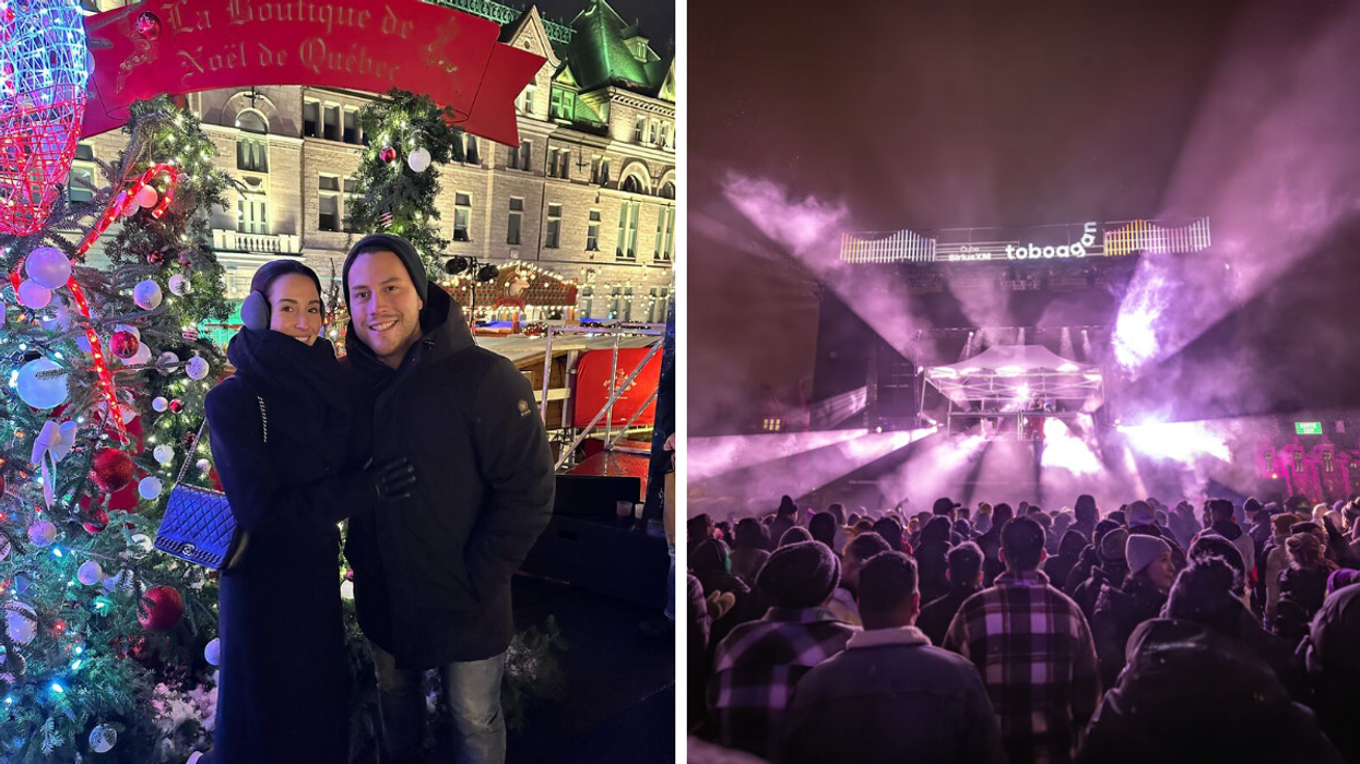 Un couple au Marché de Noël allemand de Québec. Droite : Le festival Toboggan à Québec