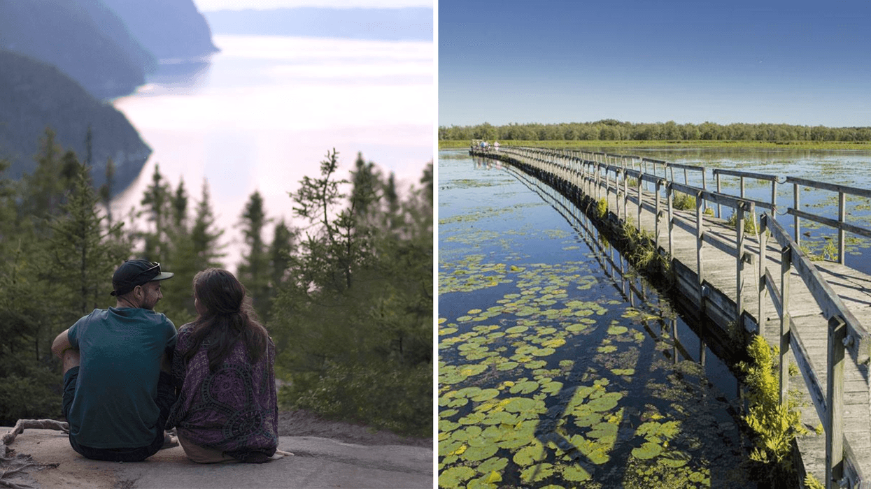 Un couple au parc national du Fjord-du-Saguenay. Droite : Une passerelle au parc national d'Oka.