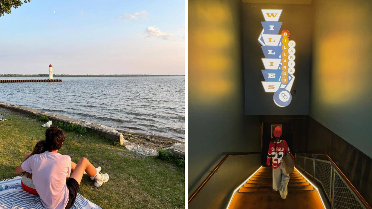 Un couple devant le phare de Lachine. Droite : Une personne au pub Willie's.