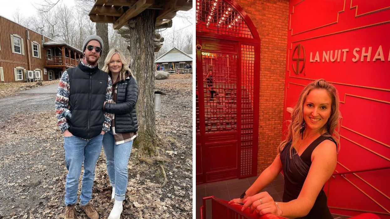 Un couple durant le temps des sucres à l'Érablière Charbonneau. Droite : Un femme à La Nuit Shanghai à Brossard.