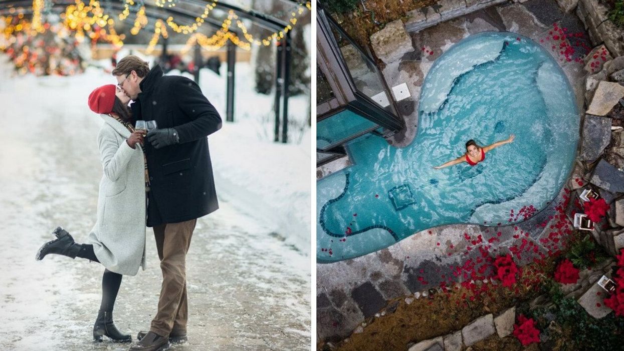 Un couple qui s'embrasse à Niagara-on-the-Lake l'hiver. Droite : Une femme dans le spa du Pillar and Post Hotel.