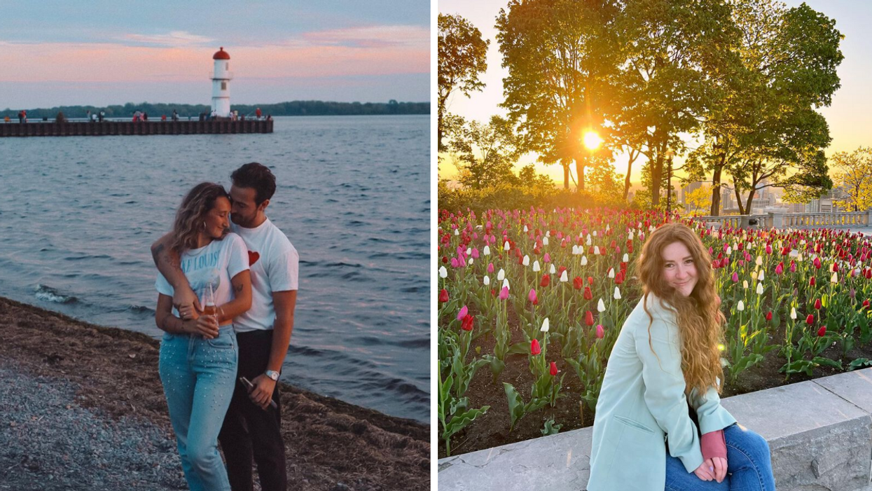 Un couple qui s'enlace au bord de l'eau devant un phare. Droite : Une personne posant devant des tulipes.