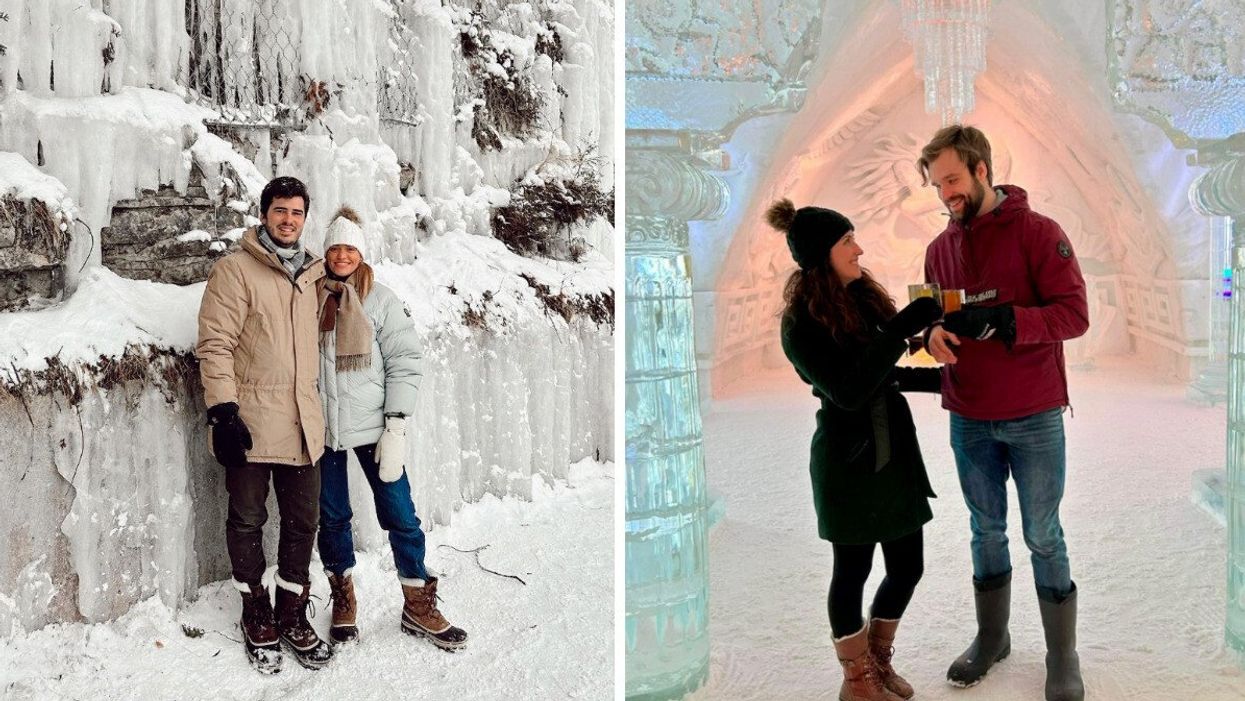 Un couple se tenant la chute glacée du Parc de la Chute-Montmorency. Droite : Un couple se tenant dans l'Hôtel de Glace de Québec.