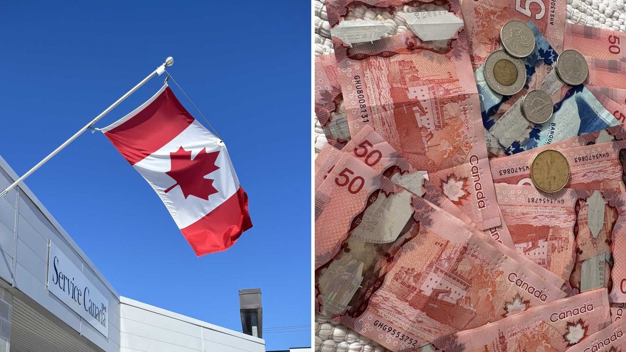 Un drapeau canadien. Droite : de l'argent canadien.