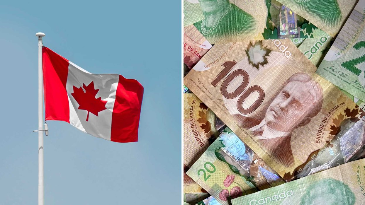 Un drapeau du Canada. Droite : de l'argent canadien.