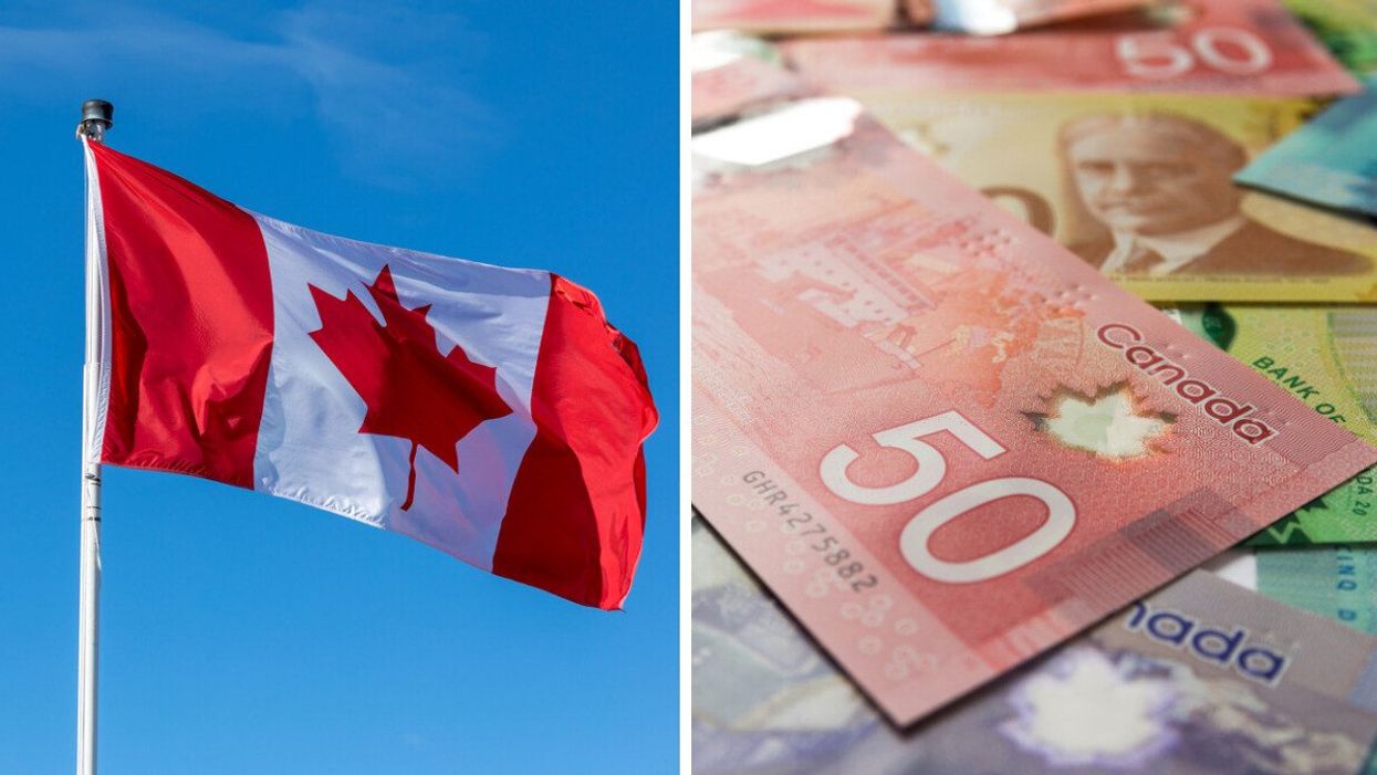 Un drapeau du Canada en berne. Droite : des billets d'argent canadien éparpillés sur une surface plate.