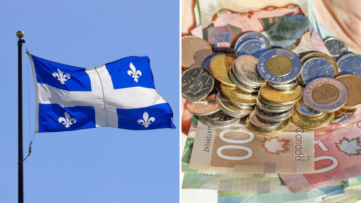 Un drapeau du Québec. Droite : de l'argent canadien.