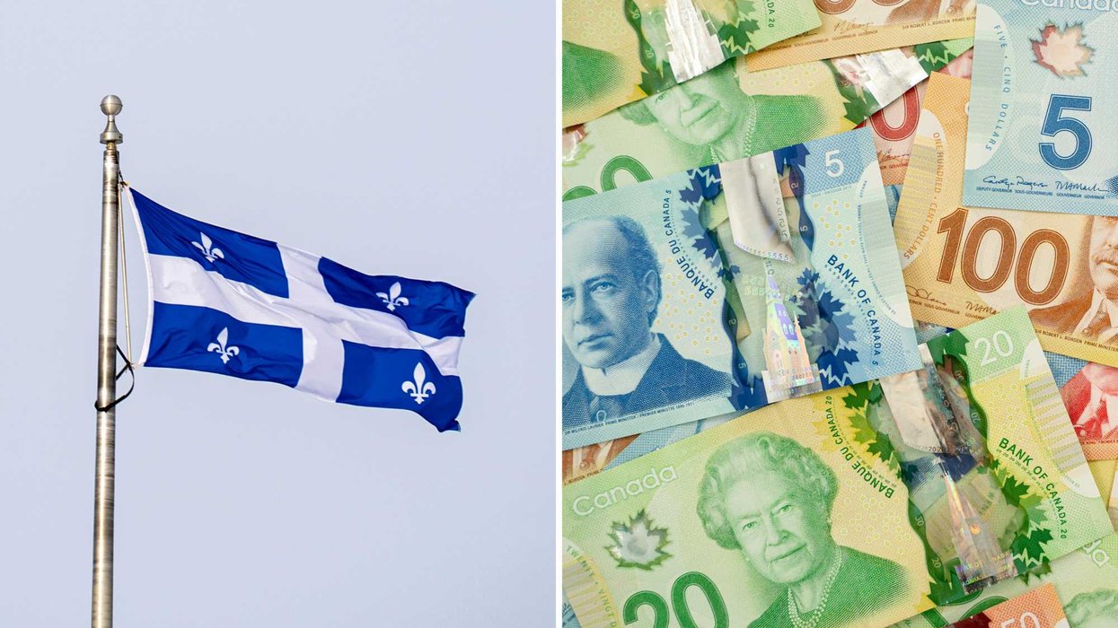 Un drapeau du Québec. Droite : de l'argent canadien.