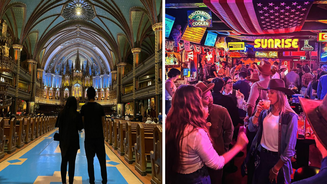 Un duo à la basilique Notre-Dame de Montréal. Droite : La foule du Spaghetti Western à Montréal.