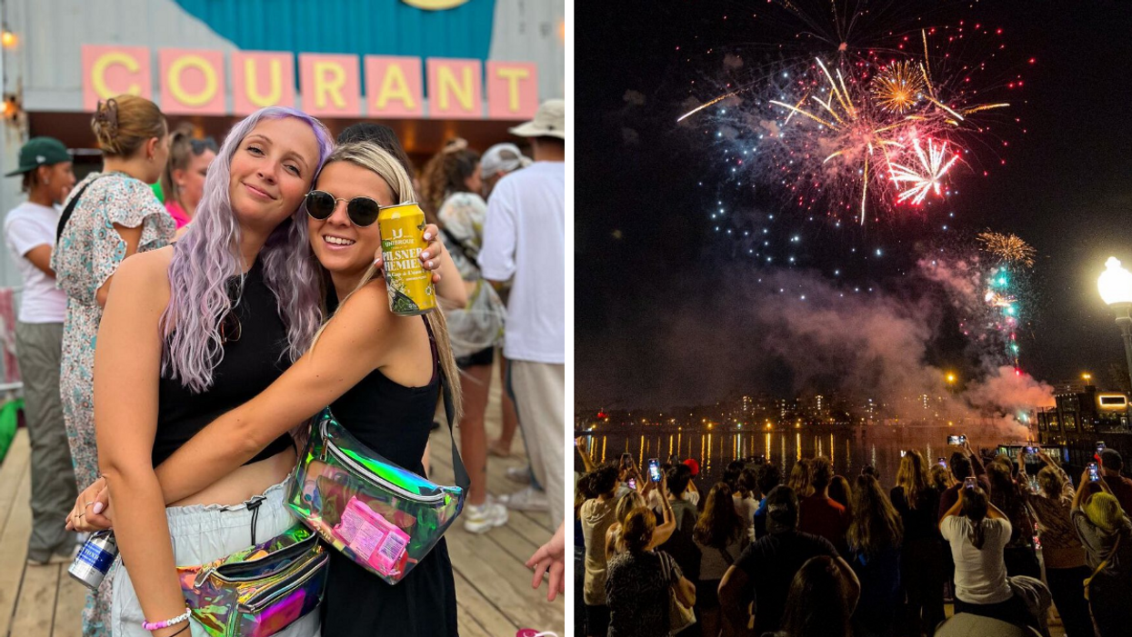 Un duo au Village au Pied-du-Courant. Droite : Une foule devant des feux d'artifice.