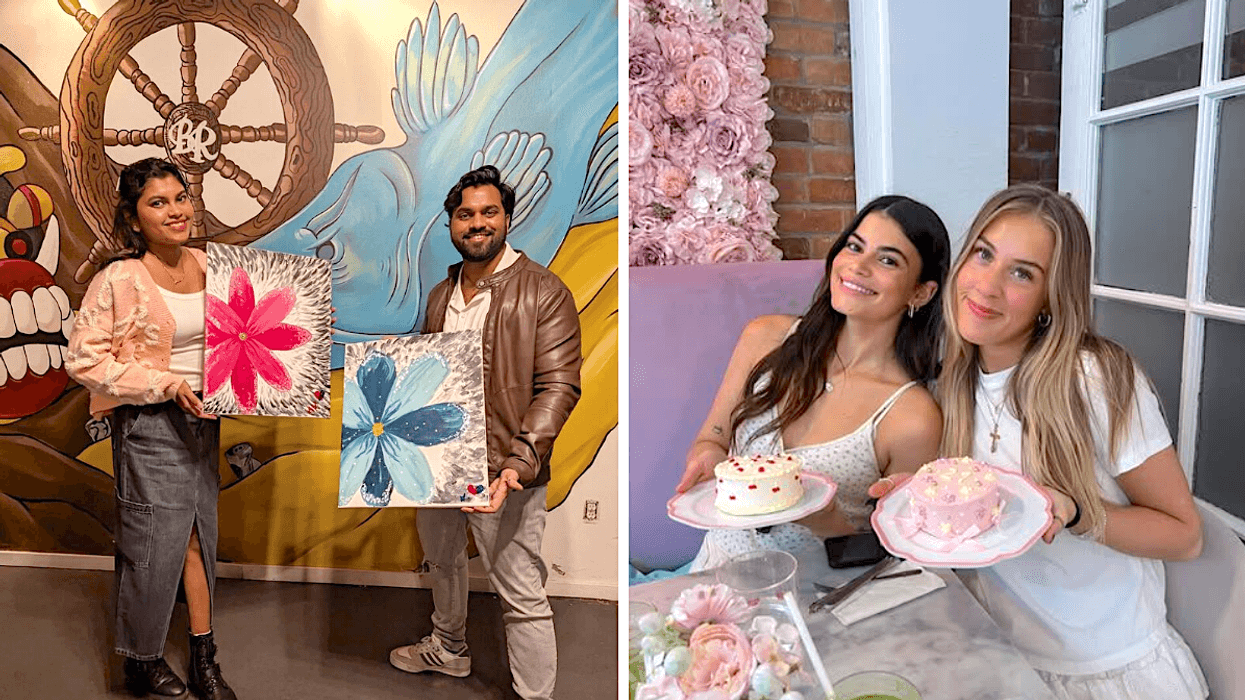 Un duo avec des peinture. Droite : Un duo avec des gâteaux.