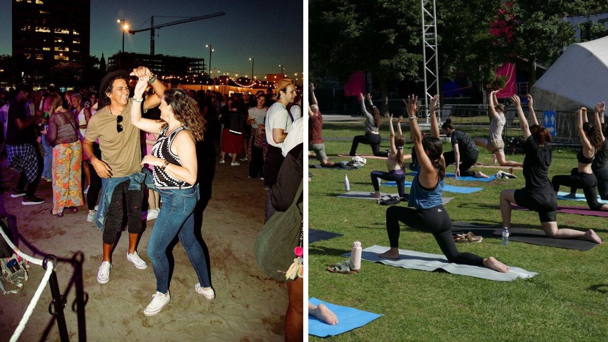 Un duo dansant sur le sable. Droite : Des gens qui font du yoga à l'extérieur.